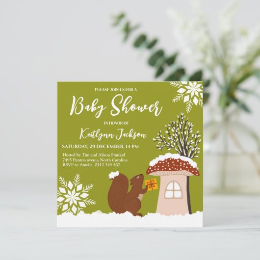 ふわふわのリスのギフト冬の赤ちゃんシャワー 招待状 (スタンド正面)