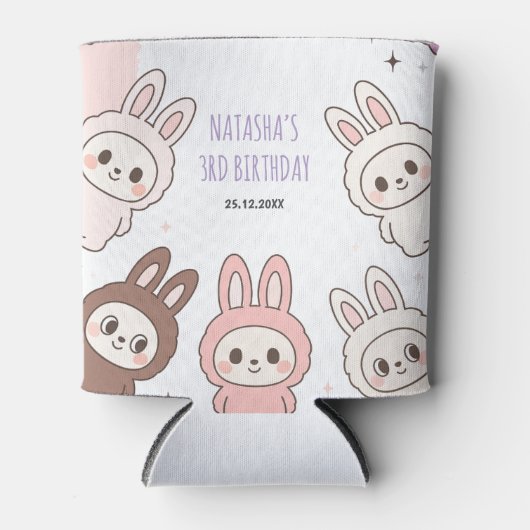 ふわふわの人形パステルバニーテーマの誕生日 缶クーラー (正面)