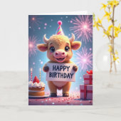 ふわふわの動物がお誕生日をお祝いするカード カード (黄色い花)