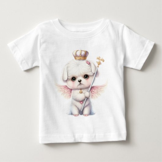 ふわふわの喜び: エンジェルの翼を持つマルチーズの子犬のプレゼント ベビーTシャツ (正面)