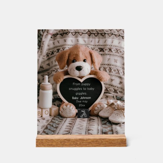 ふわふわの子犬男の赤ちゃんと妊娠の発表 アクリルサイン (正面)