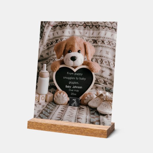 ふわふわの子犬男の赤ちゃんと妊娠の発表 アクリルサイン (傾斜)