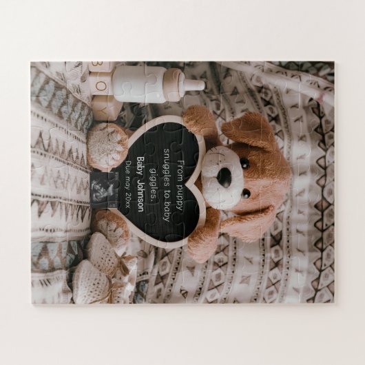 ふわふわの子犬男の赤ちゃんと妊娠の発表 ジグソーパズル (横)