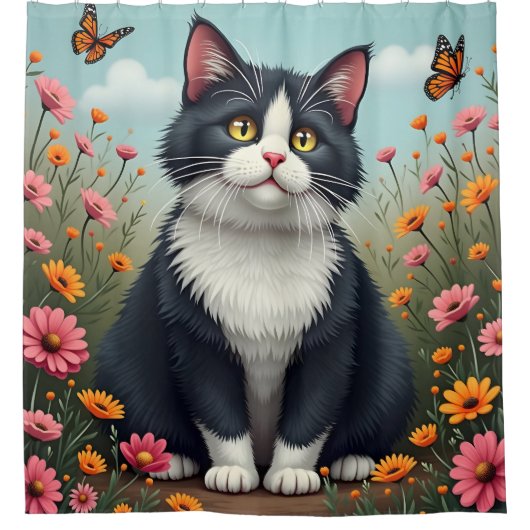 ふわふわの子猫が庭に シャワーカーテン (正面)