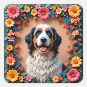 ふわふわの犬の花の肖像 🐾 ソフトでかわいいペットアート 🌼 スクエアシール