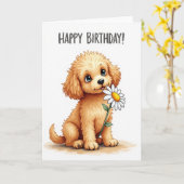 ふわふわの犬の誕生日カード カード (黄色い花)