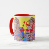 ふわふわの猫とキルトが私グラマー・プスマグと結婚 マグカップ (正面左)