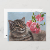 ふわふわの猫とピンクのバラ葉書3枚 ポストカード (正面/裏面)