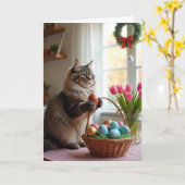 ふわふわの猫の春の卵カード カード (黄色い花)
