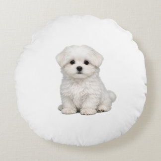 ふわふわの白いマルチーズの仔犬の肖像画 かわいい犬好きさんへ ラウンドクッション