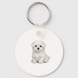 ふわふわの白いマルチーズの仔犬の肖像画 かわいい犬好き キーホルダー