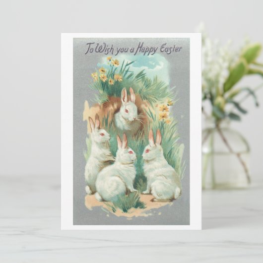 ふわふわの白いヴィンテージイースターバニー シーズンカード (スタンド正面)