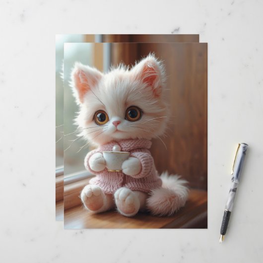 ふわふわの白と淡いピンクの猫のスクラップブック用紙 (正面/裏面インサイチュ)