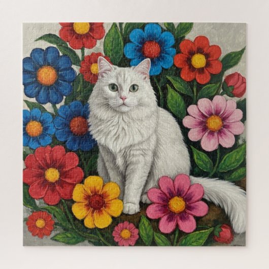 ふわふわの白猫とフォークアートの花 ジグソーパズル (縦)