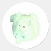 ふわふわの白猫ステッカー、かわいい長毛種のペルシャ猫 ラウンドシール (正面)