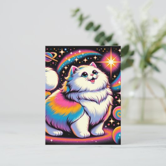 ふわふわの白猫宇宙 ポストカード (スタンド正面)