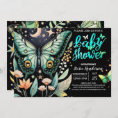 ふわふわの緑の蝶のベビーシャワー 招待状 (正面/裏面)