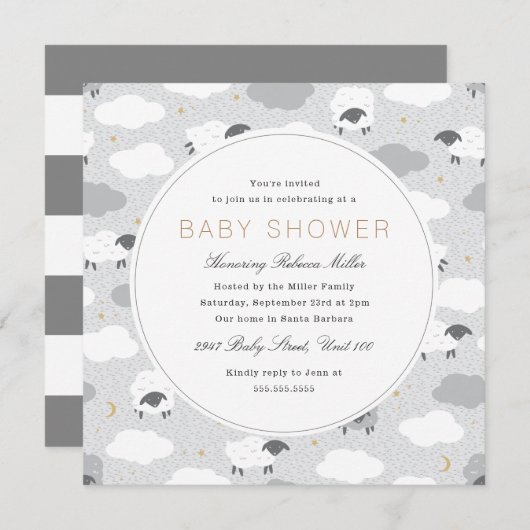 ふわふわの羊の赤ちゃんシャワー 招待状 (正面/裏面)