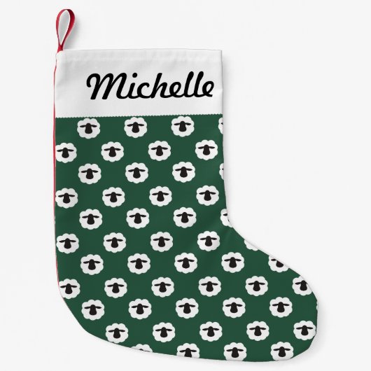 ふわふわの羊・テキスト付き{任意の色} スモールクリスマスストッキング (正面)