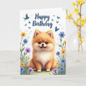 ふわふわの誕生日の子犬カード カード (黄色い花)