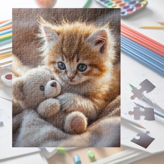 ふわふわの赤い子猫が小さなテディベアと遊んでいる ジグソーパズル