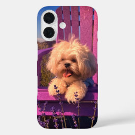 ふわふわの遊び心のあるシーズー子犬、紫色の椅子にいる犬 iPhone 16ケース