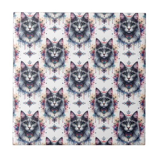 ふわふわの長毛灰色と白いタキシード猫 タイル (正面)