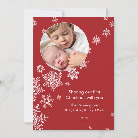 ふわふわの雪の結晶が舞う最初のクリスマスの休暇の写真 シーズンカード (正面)