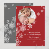 ふわふわの雪の結晶が舞う最初のクリスマスの休暇の写真 シーズンカード (正面/裏面)