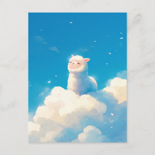ふわふわの雲の上の白いアルパカ 青空 ポストカード