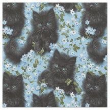 ふわふわの黒い子猫と花シームレスパターン