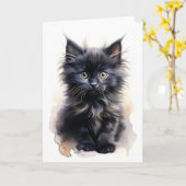 ふわふわの黒い長毛の猫 水彩画の空白 カード (黄色い花)
