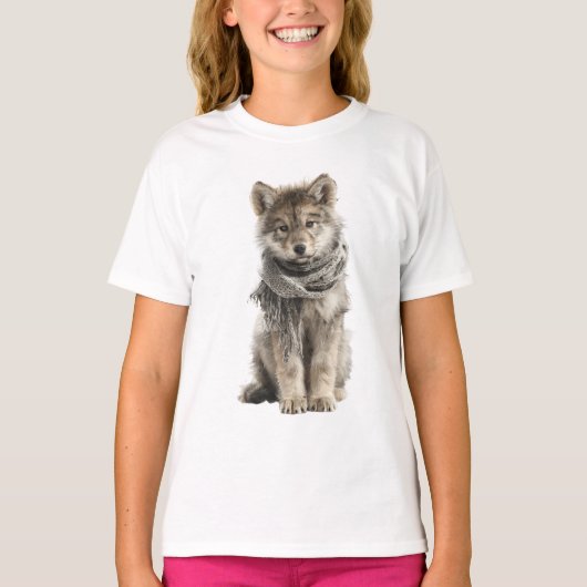 ふわふわオオカミの赤ちゃん キッズ用マフラー Tシャツ (正面)