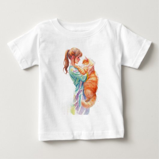 ふわふわオレンジのメインクーンの猫を持つ女性 ベビーTシャツ (正面)