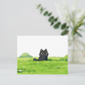ふわふわグリーンの茂み かわいい黒猫 ポストカード (スタンド正面)
