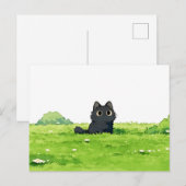 ふわふわグリーンの茂み かわいい黒猫 ポストカード (正面/裏面)