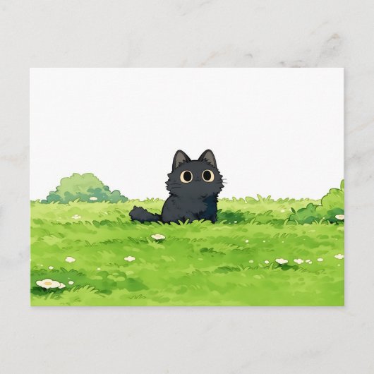 ふわふわグリーンの茂み かわいい黒猫 ポストカード (正面)