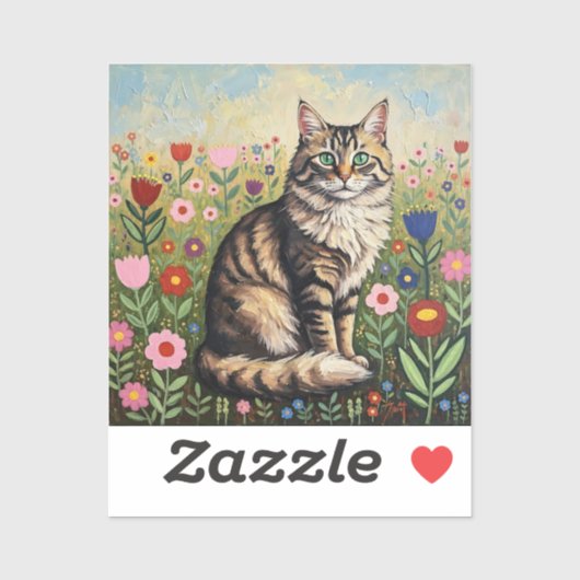 ふわふわグレーのタビー猫とフォークアートの花 シール (シート)
