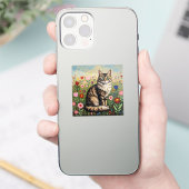 ふわふわグレーのタビー猫とフォークアートの花 シール (スマートフォン)