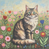 ふわふわグレーのタビー猫とフォークアートの花 シール (正面)