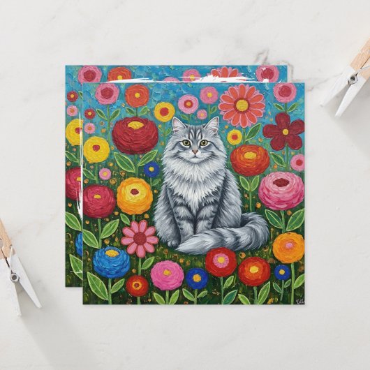 ふわふわストライプのしたグレー猫フォークアート花 カード (正面/裏面インサイチュ)