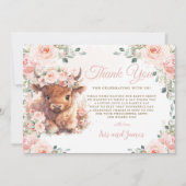 ふわふわハイランドカウピンク赤面フローラベビーシャワー サンキューカード (正面)