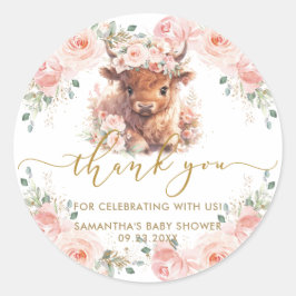 ふわふわハイランドカウ ピンクの花柄 ベビーシャワー ラウンドシール