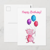 ふわふわピンクの豚ちゃん 風船と一緒 ポストカード (正面/裏面)