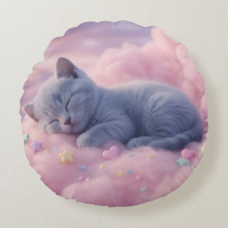 ふわふわピンクの雲の上の眠るパステル子猫アート ラウンドクッション