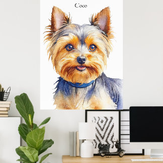 ふわふわヨークシャーテリアの優しい犬の絵 ポスター