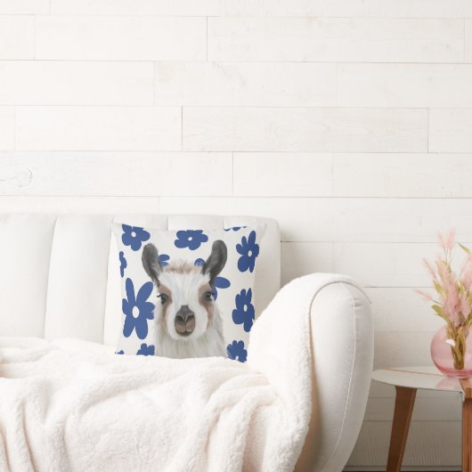 ふわふわラマブルーレトロ花 クッション (ソファ)