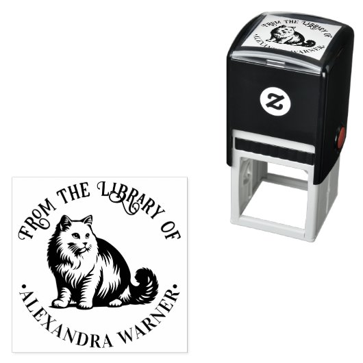 ふわふわロングヘア猫座り #2 ライブラリーの本の名前 セルフインキングスタンプ (インサイチュ)