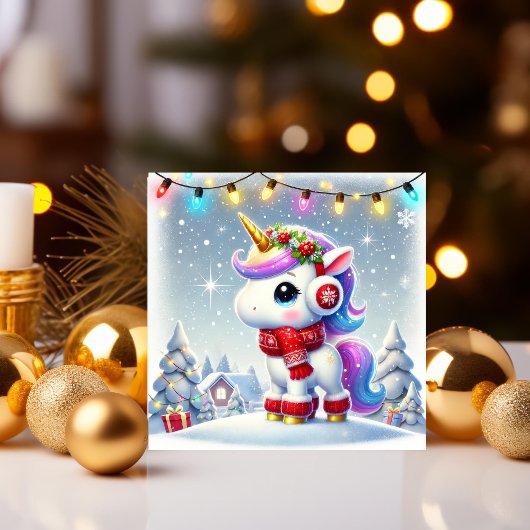 ふわふわ冬の耳当てをつけたユニコーン シーズンカード