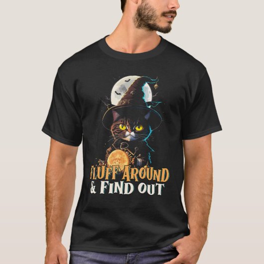 ふわふわ回って見つける 面白い猫 ハロウィン魔女 Tシャツ (正面)